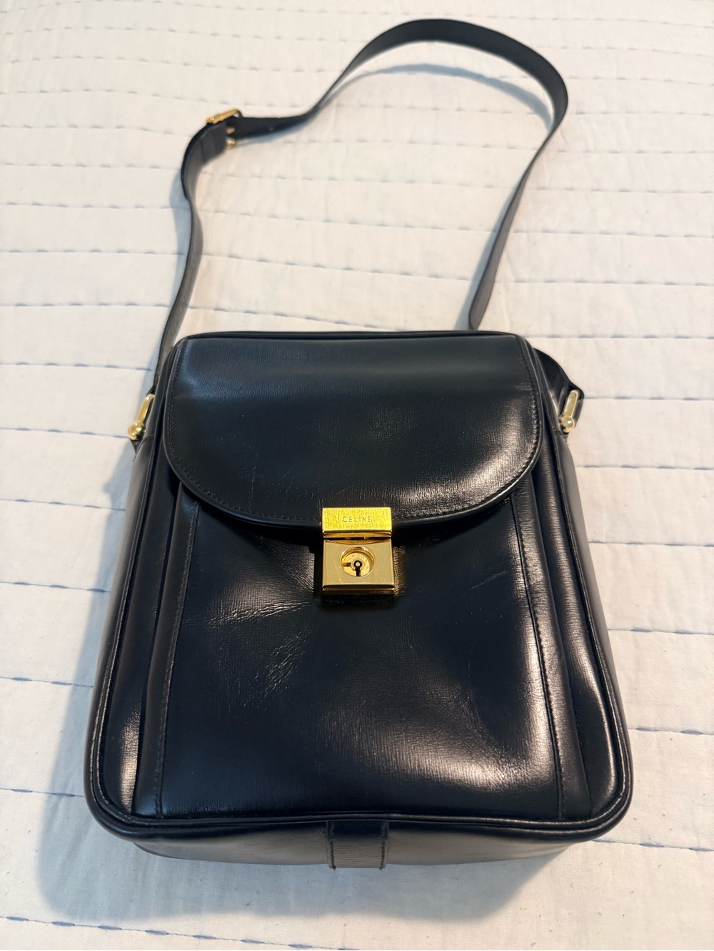 Celine Vintage Black Leather Crossbody Bag with Gold Hardware